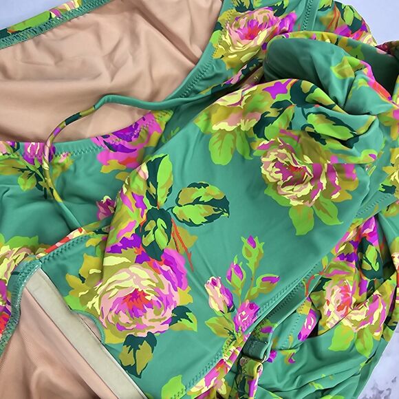 J Crew One Piece Green Criss Cross Cut Out Green Bikini Swim Suit Floral - Picture 8 of 14